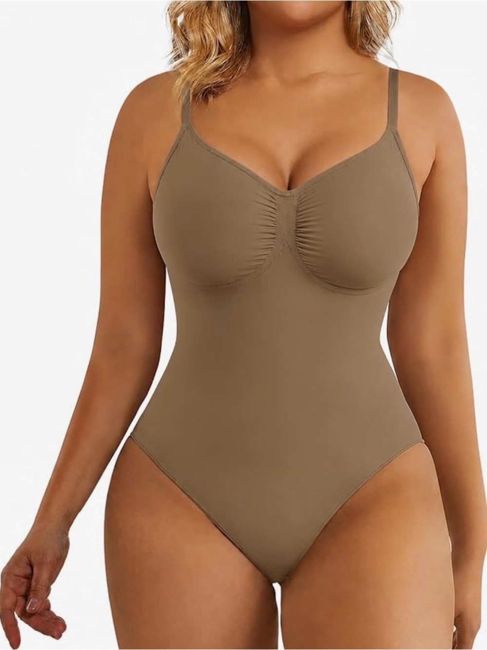 Women's brown Tummy Control Shapewear Thong Bodysuit Seamless Waist Snatching